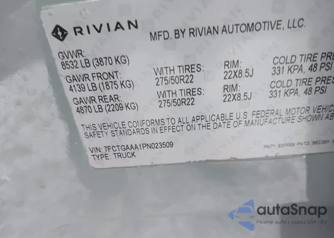 2023 Rivian R1T Adventure Quad Motor Large Pack из США, поврежденный, VIN 7FCTGAAA1PN023509